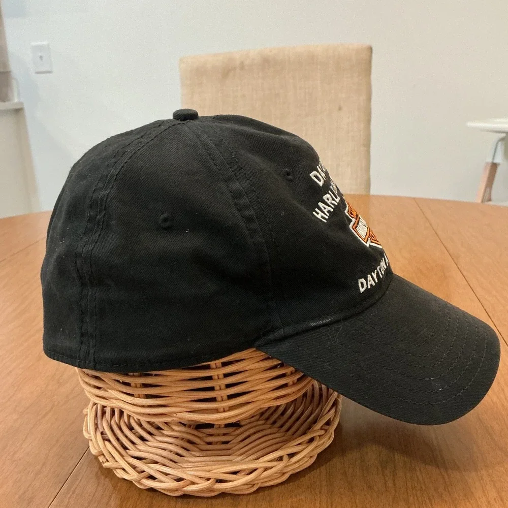 Y2K Harley-Davidson Grunge Biker Hat OSFM Black Embroidered Cap Daytona Beach FL